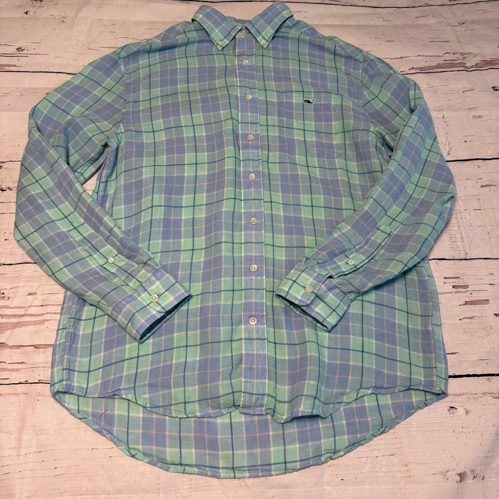 Vineyard Vines Blue and Green Classic Fit Tucker Shirt L